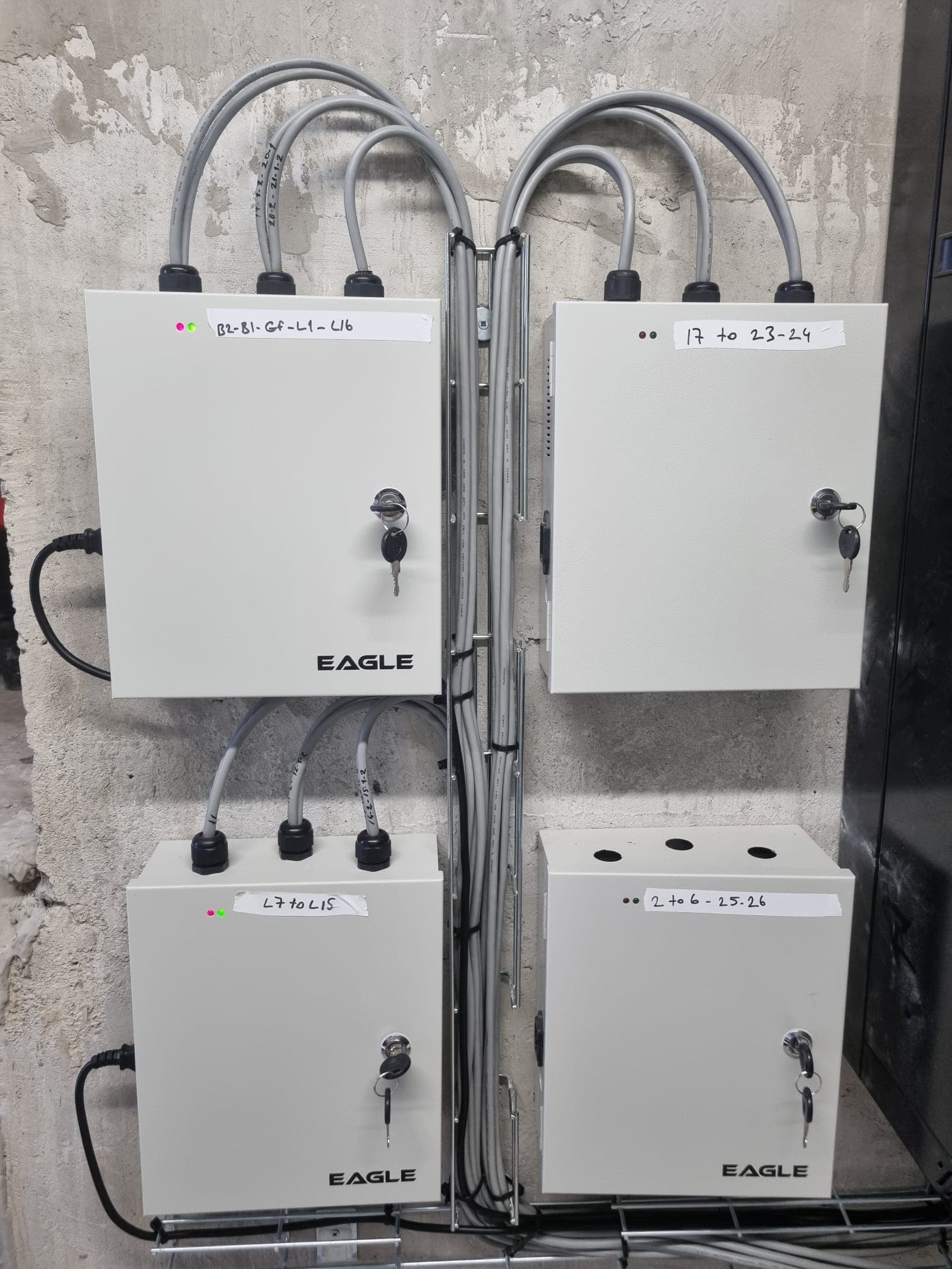 Four Eagle control boxes mounted on a concrete wall